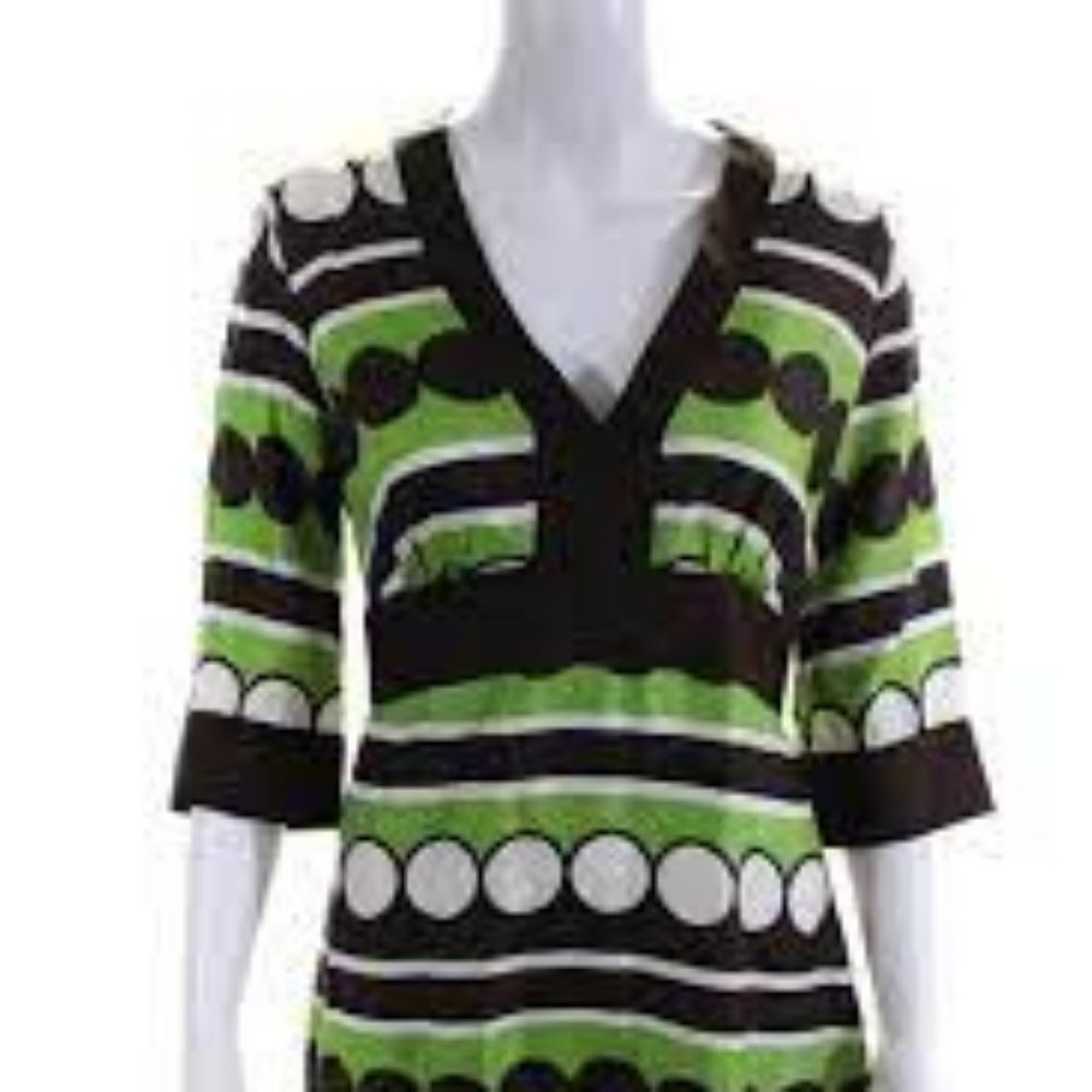 Milly Women Circle Print V Neck Dress Green Brown Size 4 #119